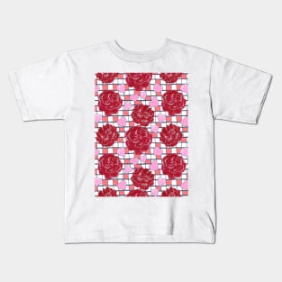 Red Roses, Hearts on Plaid Pattern Kids T-Shirt